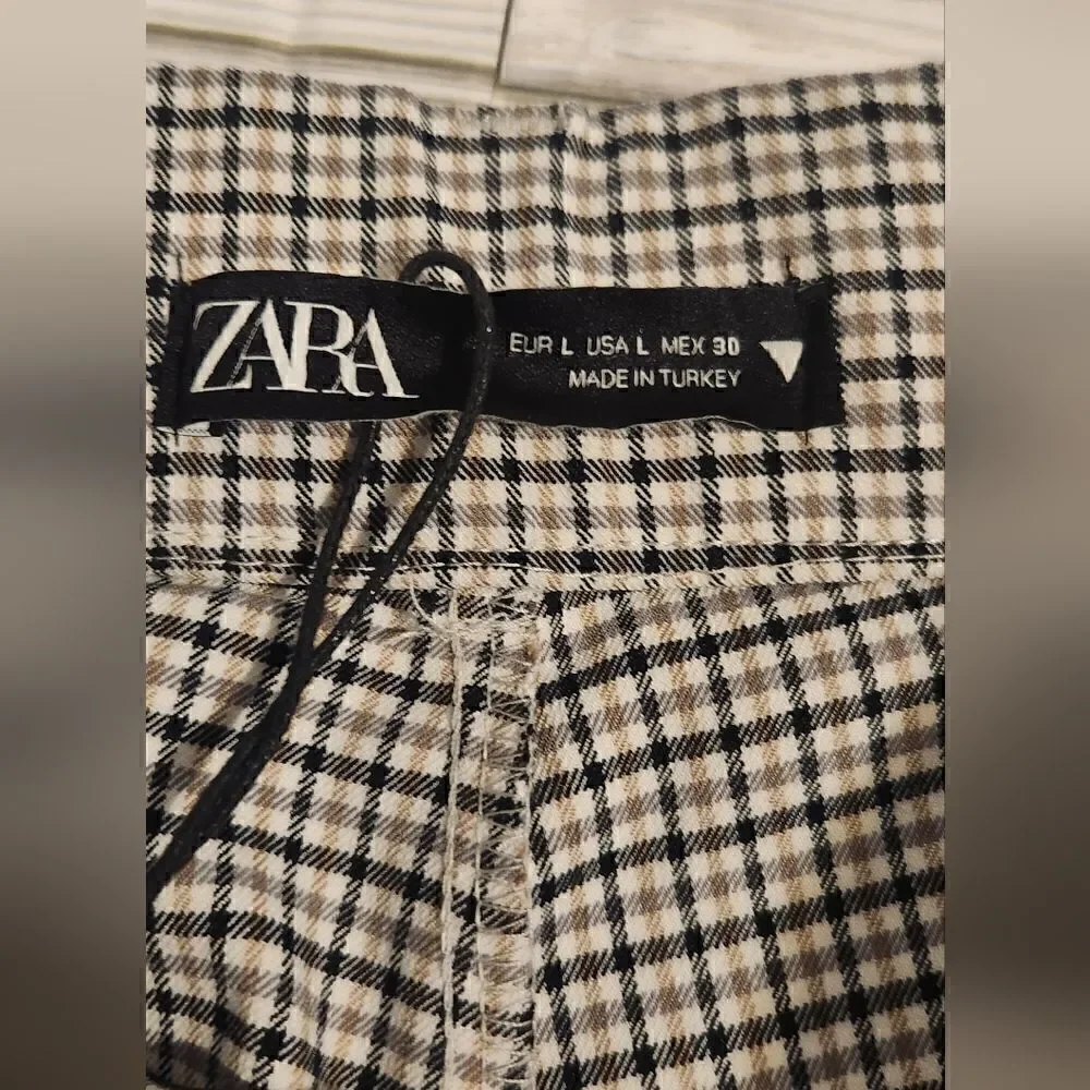 NWT Zara Plaid Beige And Black High Rise Flare Pants Size Large - Picture 10 of 13